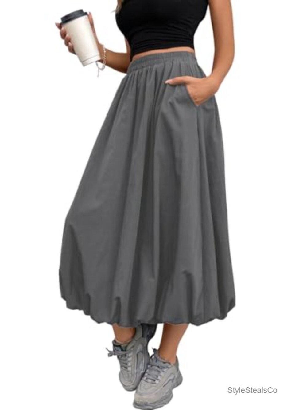 Women's Bubble Skirt Elastic Waist A-Line Puffy Hem Long Skirt with Pockets